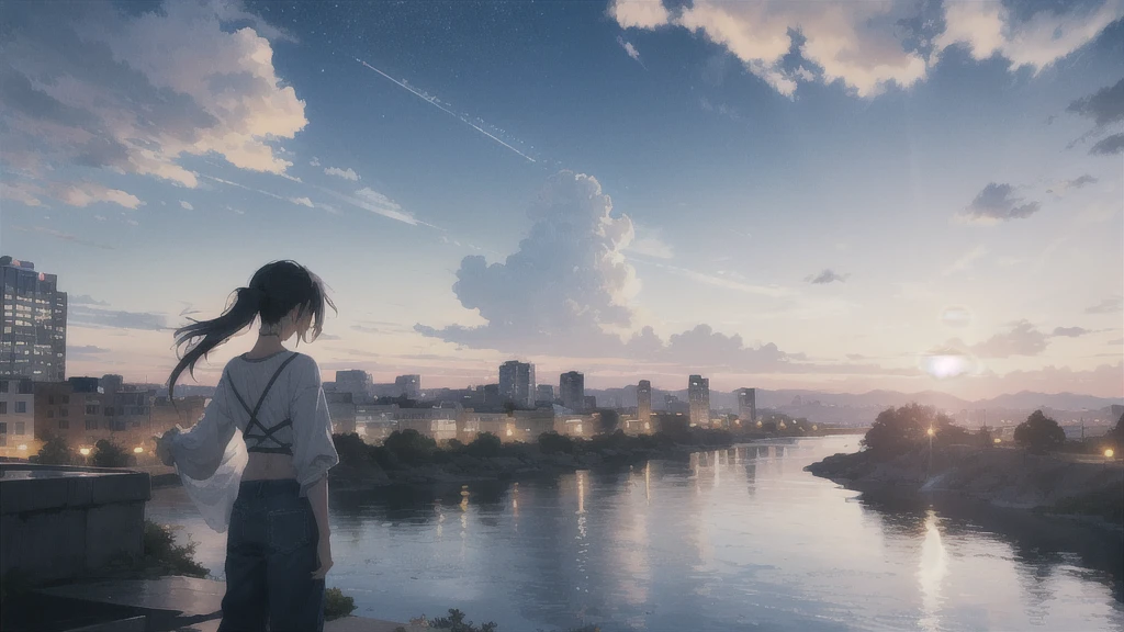 sunset,暗いnight空,Octane, star (null), scenery, Blue parakeet,Acoustic guitar in front of the body,star, night, One Girl, Back view, alone, Outdoor, city,river,Blue parakeet,building, cloud, 天のriver, Are standing,silhouette