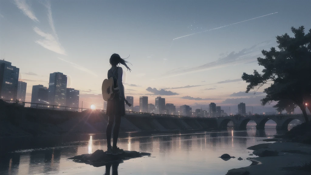 sunset,暗いnight空,Octane, star (null), scenery, Blue parakeet,Acoustic guitar in front of the body,star, night, One Girl, Back view, alone, Outdoor, city,river,Blue parakeet,building, cloud, 天のriver, Are standing,silhouette