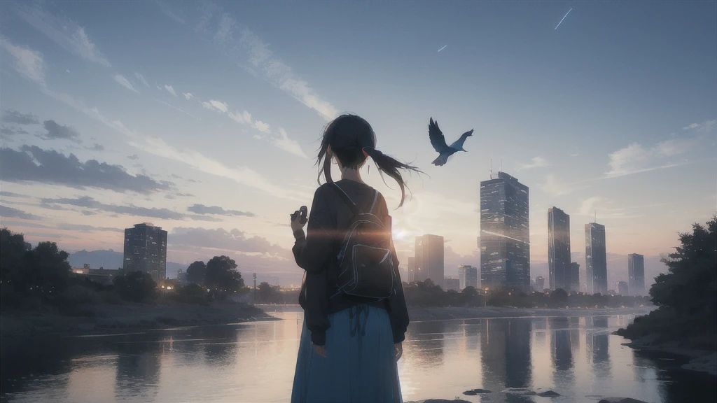sunset,暗いnight空,Octane, star (null), scenery, Blue parakeet,Acoustic guitar in front of the body,star, night, One Girl, Back view, alone, Outdoor, city,river,Blue parakeet,building, cloud, 天のriver, Are standing,silhouette