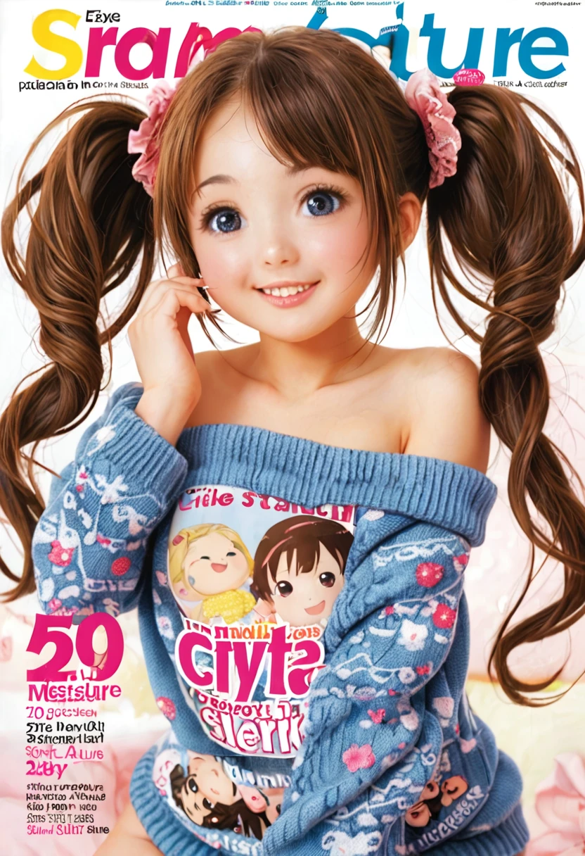 Magazine cover,Twin Tails,cute ***********(Wear an off-shoulder sweater),,(Smooth skin),E7E48U，Small stature，Small Breasts