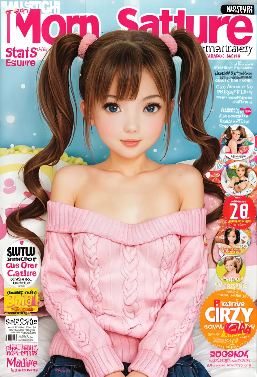 Magazine cover,Twin Tails,cute ***********(Wear an off-shoulder sweater),,(Smooth skin),E7E48U，Small stature，Small Breasts