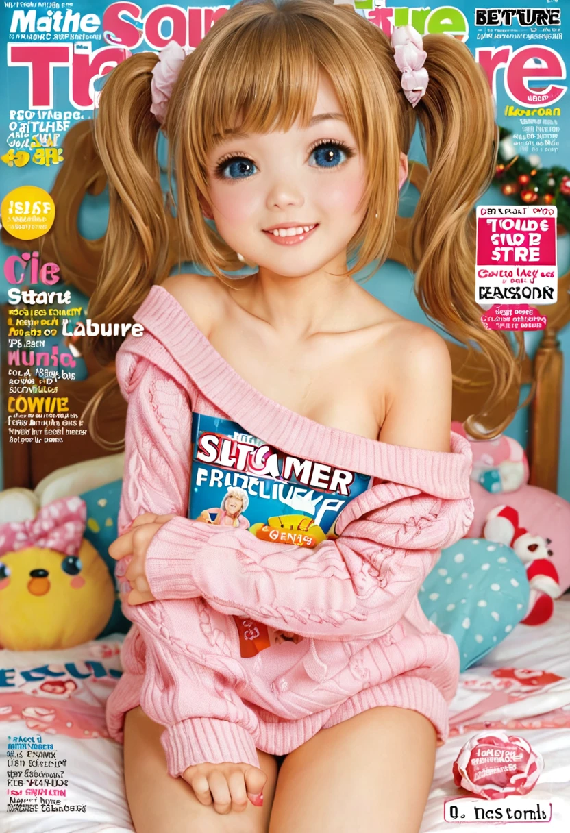 Magazine cover,Twin Tails,cute ***********(Wear an off-shoulder sweater),,(Smooth skin),E7E48U，Small stature，Small Breasts