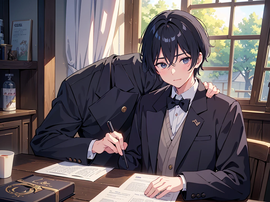 一人のmale, Portrait from chest up, Black hair with a few gray hairs, Old man in clothes, {{{{{Illustration of one male}}}}}, Please open your eyes a little, male性の手,maleの顔,male性眉毛, male性の目, Sharp Nose ,Long Nose,{{{{{humale}}}}},good looking guy,good looking,Dandy,male, Very short dark navy hair, Shiny hair with wax, Black butler uniform, Iris, walking , It is intricately decorated, A kind smile, Inside the room, Reminiscent of a novel cover, Dramatic lighting, Emphasize the contrast between light and shadow, (Official Art, Highest quality、unity 8k wallpaper、32k、masterpiece、Very detailed, grab your hair with your hands, Cinema Lighting, Isekai Tensei, anime,Beautiful light shining through the window,
