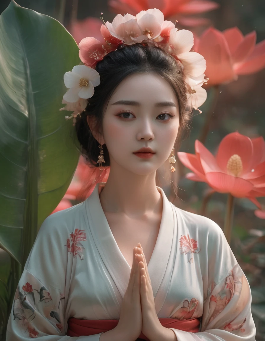 Full-body photo of a courtesan in lotus position,Praying with palms together、Anatomically correct,born, Cinematic shots, (Sharp focus:1.5), (Realistic:1.4), dusk lighting, (Look this way)、(Front facing)、((Less exposed skin)),Volumetric lighting, Ultra-high resolution, 16K,Dramatic lighting, Abstract background:1.5)(Tangleた,Datura stramonium,Holding a heart light in your hand、Tangle,Intertwined:0.7)witch,((Red kimono)), Foxfire spells, conversion, Depth of written boundary, A fantastic atmosphere, The most beautiful form of chaos, Elegance, Fauvist Design Dark Theme, flowers of death, flowers of ecstasy,Glowing Lines,Glow Example,Tracking example,flash, Backlight,translucent,Particles of light,hill,exit