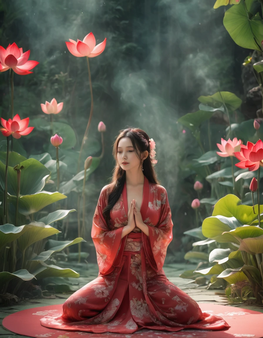 Full-body photo of a courtesan in lotus position,Praying with palms together、Anatomically correct,born, Cinematic shots, (Sharp focus:1.5), (Realistic:1.4), dusk lighting, (Look this way)、(Front facing)、((Less exposed skin)),Volumetric lighting, Ultra-high resolution, 16K,Dramatic lighting, Abstract background:1.5)(Tangleた,Datura stramonium,Holding a heart light in your hand、Tangle,Intertwined:0.7)witch,((Red kimono)), Foxfire spells, conversion, Depth of written boundary, A fantastic atmosphere, The most beautiful form of chaos, Elegance, Fauvist Design Dark Theme, flowers of death, flowers of ecstasy,Glowing Lines,Glow Example,Tracking example,flash, Backlight,translucent,Particles of light,hill,exit