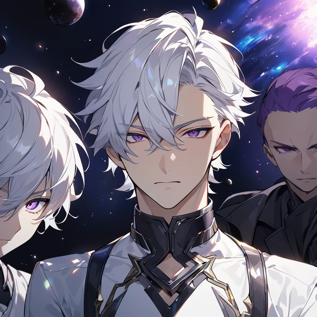 High quality, HD, 4k, no shadows, handsome male, 1male, 17 years old, teenager, golden lining, short white hair, sharp eyes, dark purple eyes, deep purple eyes, devil may cry, close up, calm expression, stoic expression, black leather clothes, white leather clothing, lean body, well trained body, upper body, looking at viewer, cowboy shot, white solar, space background