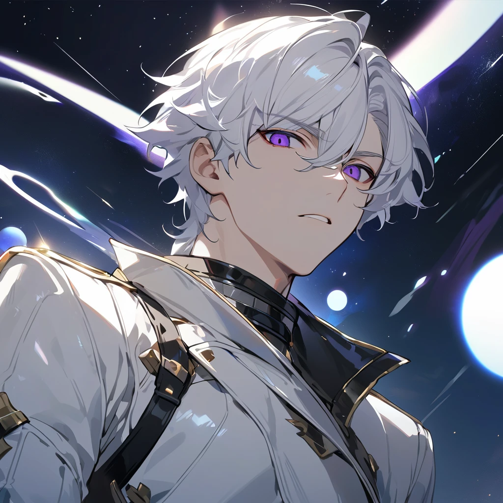 High quality, HD, 4k, no shadows, handsome male, 1male, 17 years old, teenager, golden lining, short white hair, sharp eyes, dark purple eyes, deep purple eyes, devil may cry, close up, calm expression, stoic expression, black leather clothes, white leather clothing, lean body, well trained body, upper body, looking at viewer, cowboy shot, white solar, space background