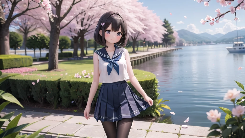 (masterpiece), Outdoor, cherry blossoms, petal, sunlight, lake, One Girl, blush, smile, Medium Hair, Sailor suit, Long skirt, Overgrown, petal, plant、Skirt lining、White slip、nostalgic、pantyhose(gray)、You can see the sea in the distance, Crotch close-up