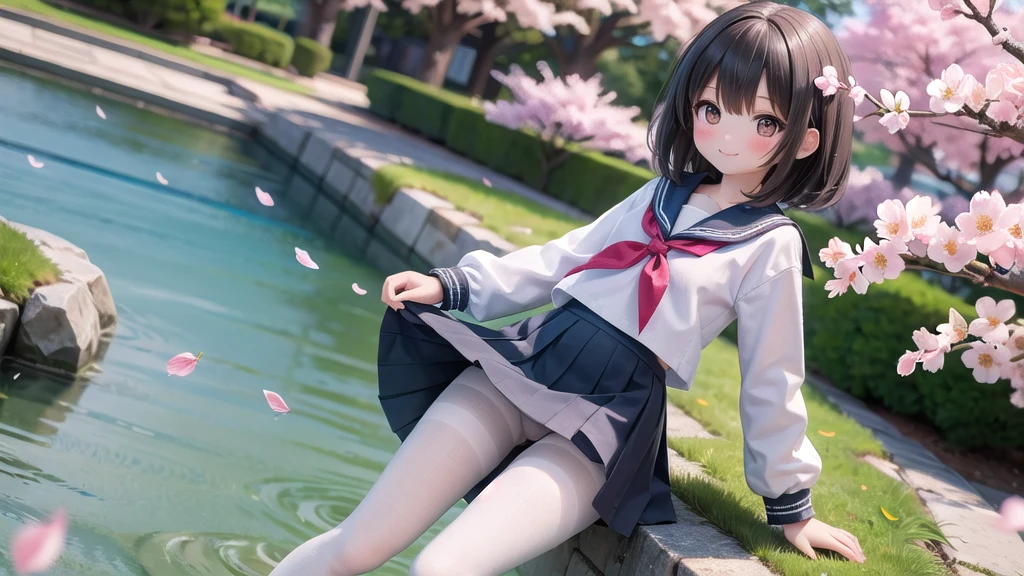 (masterpiece), Outdoor, cherry blossoms, petal, sunlight, lake, One Girl, blush, smile, Medium Hair, Sailor suit, Long skirt, Overgrown, petal, plant、Skirt lining、White slip、nostalgic、pantyhose(gray)、You can see the sea in the distance, Crotch close-up