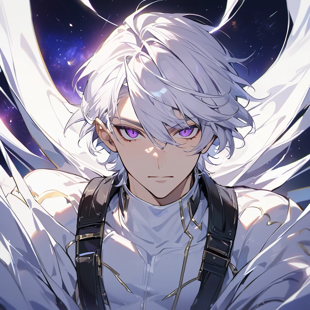 High quality, HD, 4k, no shadows, handsome male, 1male, 17 years old, teenager, golden lining, short white hair, sharp eyes, dark purple eyes, deep purple eyes, devil may cry, close up, calm expression, stoic expression, black leather clothes, white leather clothing, lean body, well trained body, upper body, looking at viewer, cowboy shot, white solar, space background