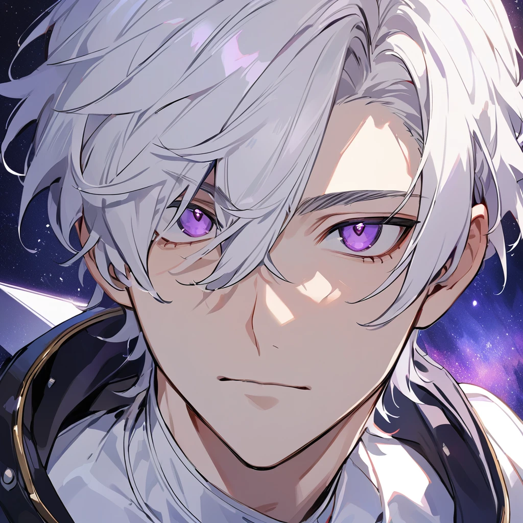 High quality, HD, 4k, no shadows, handsome male, 1male, , teenager, go lining, short white hair, sharp eyes, dark purple eyes, deep purple eyes, devil may cry, close up, calm expression, stoic expression, black leather clothes, white leather clothing, lean body, well trained body, upper body, looking at viewer, cowboy shot, white solar, space background