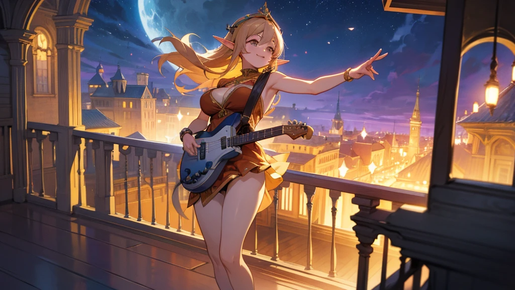 Anime Style,night,Detailed background,Magical World,A lively balcony with many people,Smiling bard beautiful elf girl,guitar,Large Breasts,Healthy thighs,Underarm,Barefoot