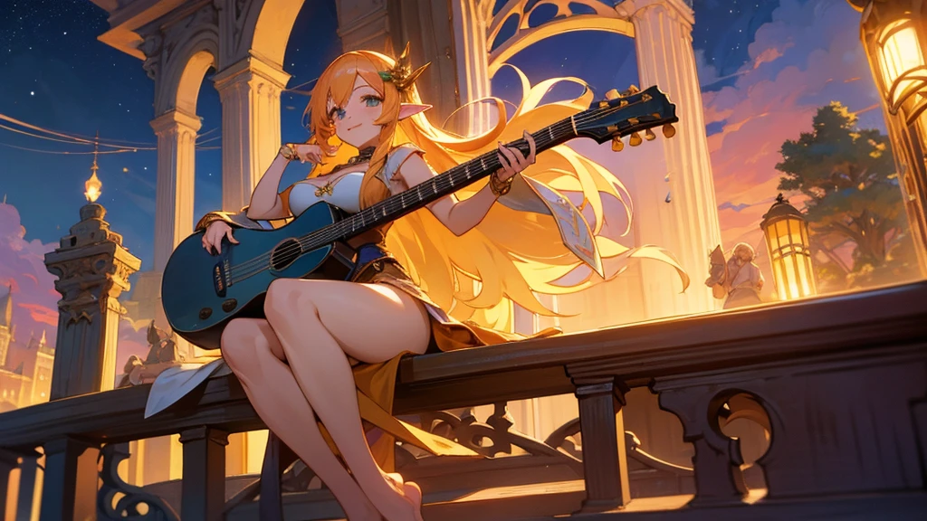 Anime Style,night,Detailed background,Magical World,A lively balcony with many people,Smiling bard beautiful elf girl,guitar,Large Breasts,Healthy thighs,Underarm,Barefoot