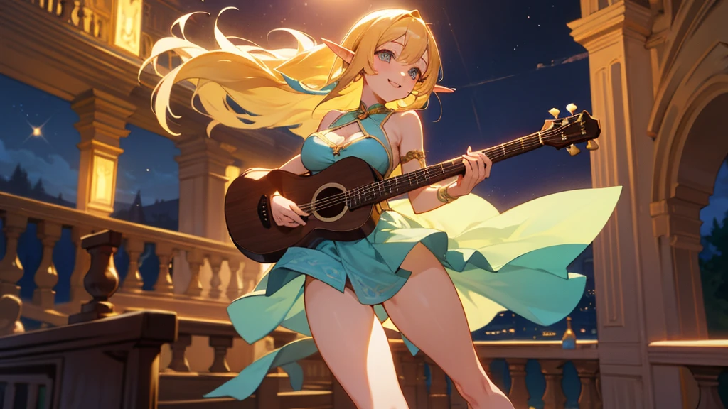 Anime Style,night,Detailed background,Magical World,A lively balcony with many people,Smiling bard beautiful elf girl,guitar,Large Breasts,Healthy thighs,Underarm,Barefoot