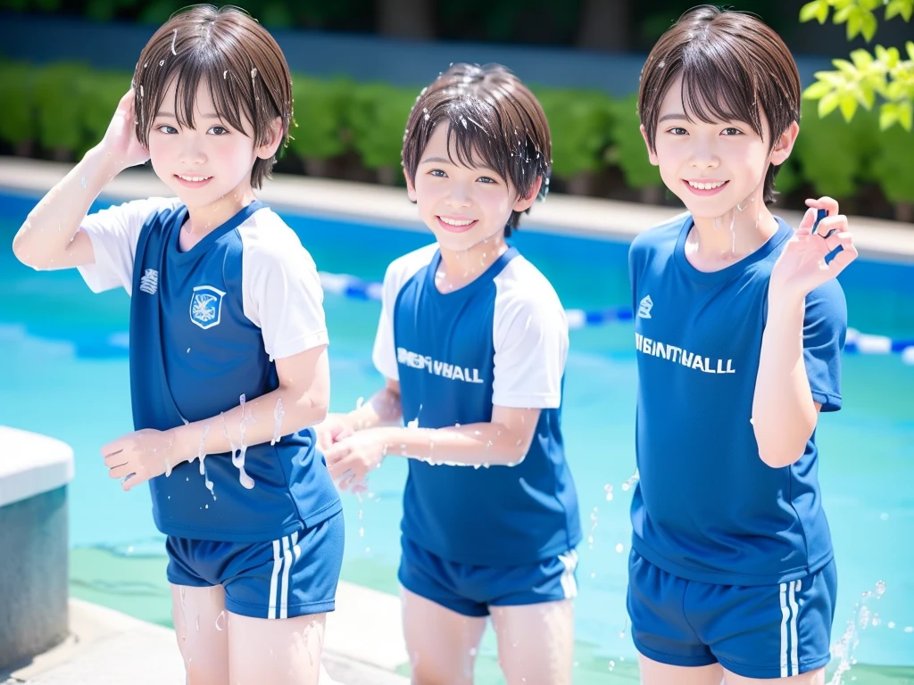 Summer vacation elementary school、Summer swimming pool、Get wet all over、Japan Boy、Glowing water splashes、A good boy dripping with water、Playing innocently、hot day、Two Boys、Various poses、Short sleeve gym uniform、Blue shorts、physical education、barefoot，Boys only 、１０age