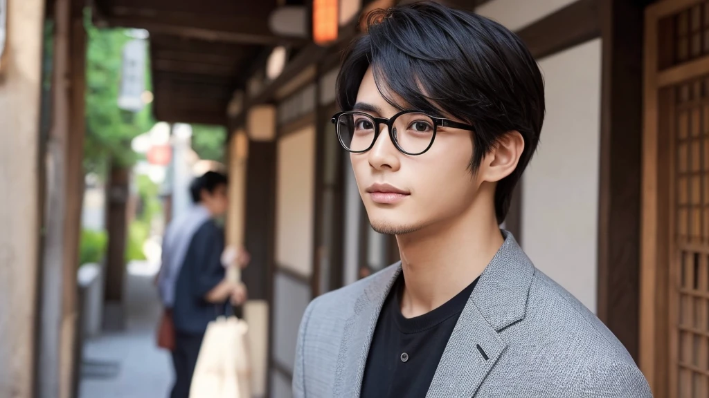 Japanese、Black-rimmed glasses、Beautiful、tall、male、Handsome、Beautiful Skin、high resolution、Black Hair