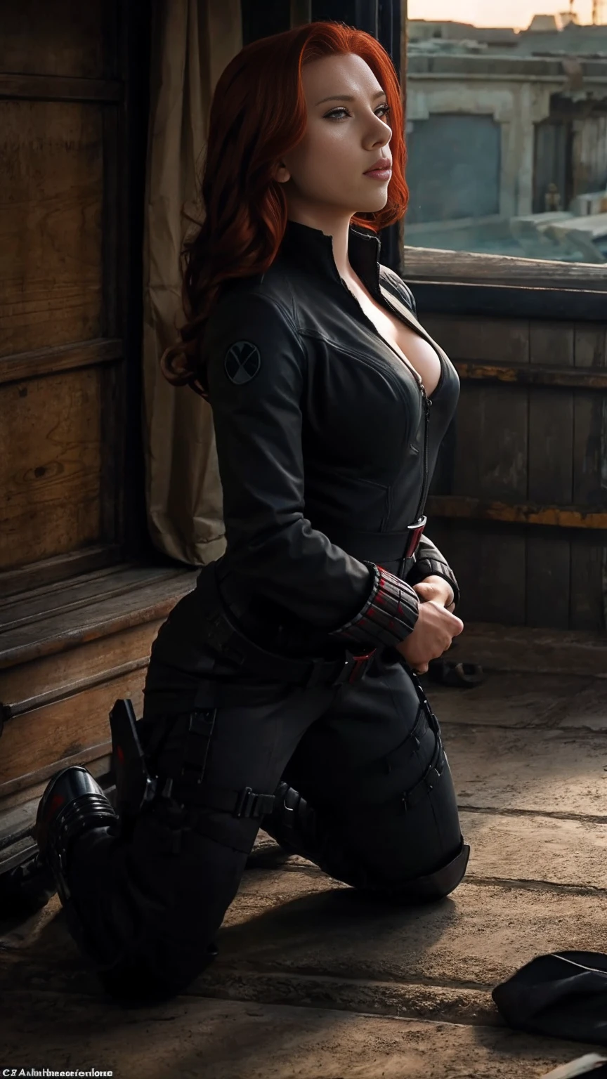 Scarlett Johansson black widow, outside: stands on all fours, big bust hanging down.