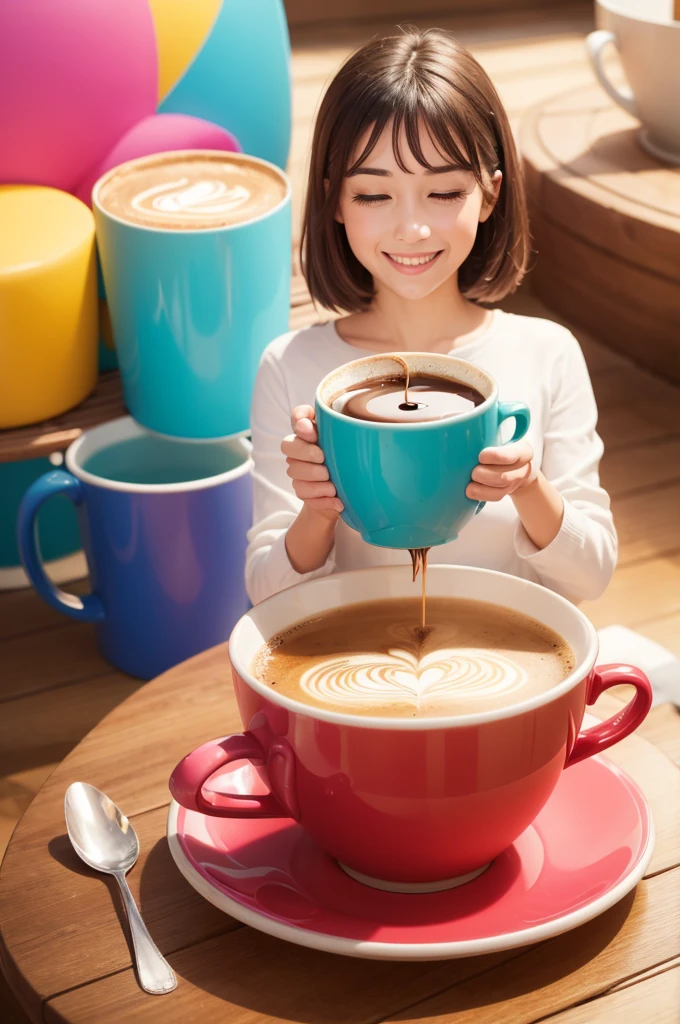 Create a good morning image for me in a good mood with lots of happy colors and a hot cup of coffee