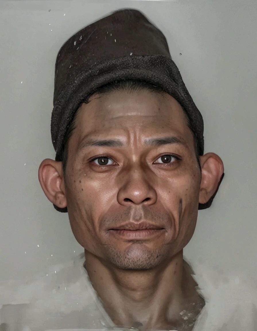 Hat black, only one head single portrait, face picture, real human face, one head portrait, emaciated shaved face, 4 0 years old man, cursed image, scariest looking man alive, real human face with skin, digital art but photo, south east asian with round face, photo-realistic face
