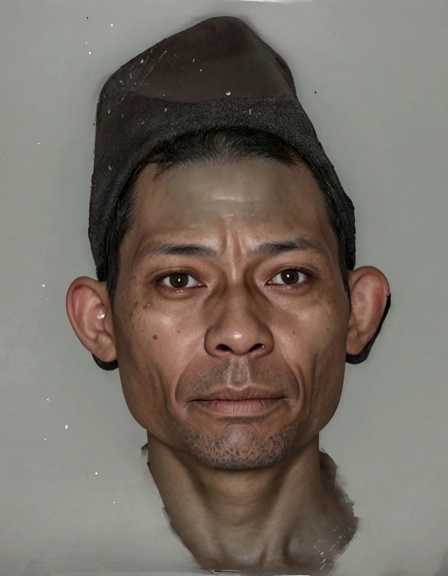 Hat black, only one head single portrait, face picture, real human face, one head portrait, emaciated shaved face, 4 0 years old man, cursed image, scariest looking man alive, real human face with skin, digital art but photo, south east asian with round face, photo-realistic face
