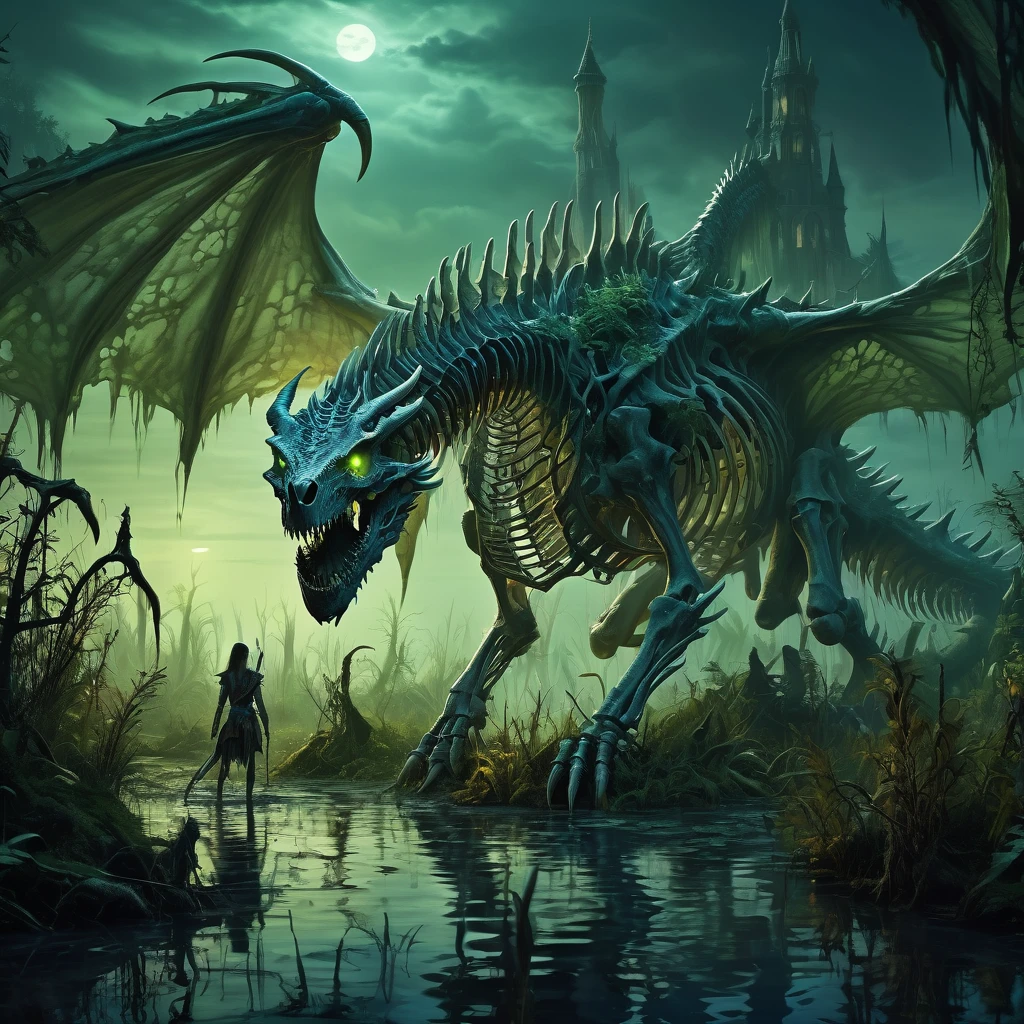 bone dragon in a swamp at night
(masterpiece),  best quality, highres, 4k, 8k, Detailed Illustration, intricate detail, cinematic lighting, amazing quality, 1girl, fit female, amazing shading, soft lighting, facing camera, perfect eyes