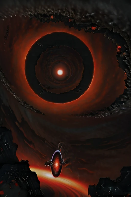The sky twisted into a gray abyss,In the abyss, a huge, strange, terrifying red pupil stares at the screen.,Surrounded by black holes and dark red suns that are spinning and merging
