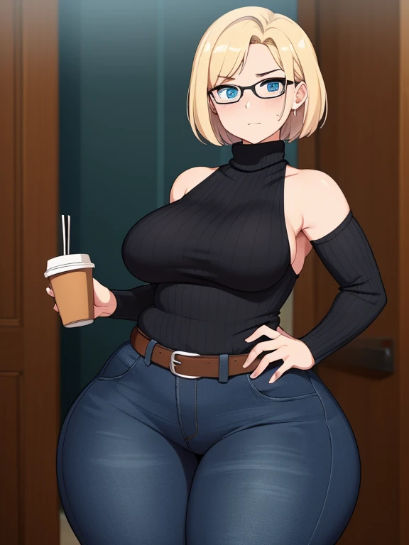 ((Masterpiece)), perfect anatomy, perfect shading, field of depth, (best quality), extremely delicate and beautiful, perfect lighting, detailed face, ultra cute face, cute, (cowboy shot 1.2), full body, (((1girl))), ((solo)), looking at viewer,
short hair, fluffy hair, blonde hair, blue eyes, Glasses, ((blush)), shy, nervous (black turtleneck sweater 1.5), (jeans 1.2), belt, extremely tight clothes, medium breasts, ((wide hips)), (((thick thighs))), ((curvy)),
cafe, intricate background, detailed background, hand on hip, holding coffee cup,