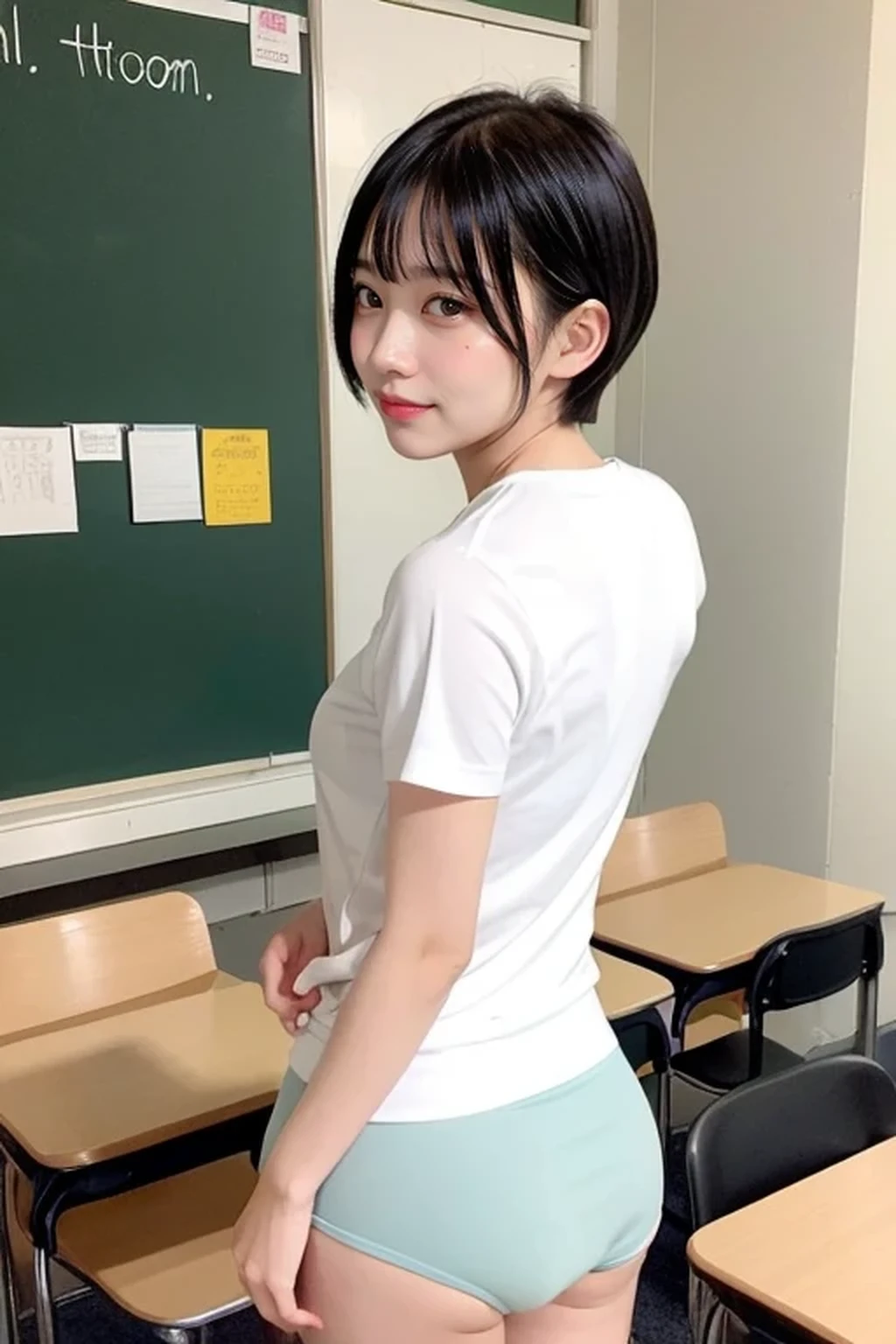 one girl, 14 years old, 8K, RAW photo, best quality, masterpiece, realistic, photo-realistic, clear, professional lighting, BREAK, no makeup face, smile, shirt, solo, gym uniform, Green Bloomers, buruma, white shirt, (short cut hair:1.2), (looking back:1.2), black eyes, black hair, full body, (classroom:1.2)