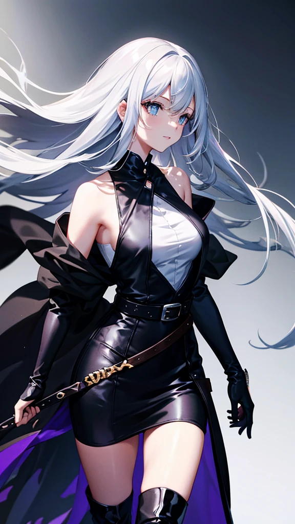 Royal sister,Wearing black stiletto-heeled over-the-knee boots:1.1,elegant movements,black leather belt,(black long gloves),(beautiful background:1.2),long white hair,profile,(Black short JK),leg rings,JK,blue pupils,belt buckle,contour,smiling expression,Black leg rings,sleeveless long shirt,take off shoulders,(Extremely detailed CG unified 8k wallpaper),(masterpiece), (best quality), (super detailed), (Best Illustration),(best shadow), ( eye shadow, exquisite eyes:1.1)