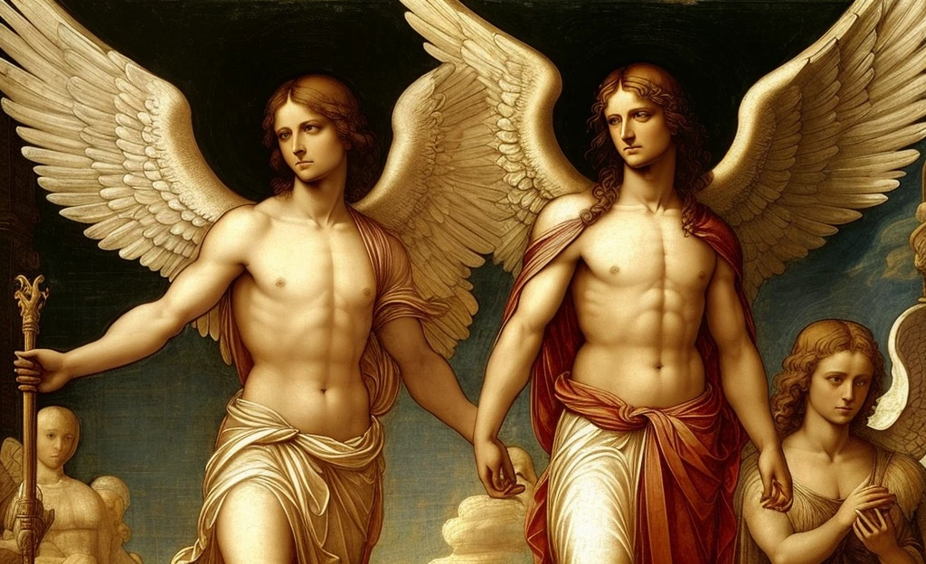 an archangel, with short hair, short hair, of the Christian religion, made in the style of leonardo da Vinci, in front position, looking towards the camera, on a white background, looking towards me spreading its 2 wings, erect and facing me, with garments similar to those of Jerusalem, and the angel looks in the art style of leonardo da vinci