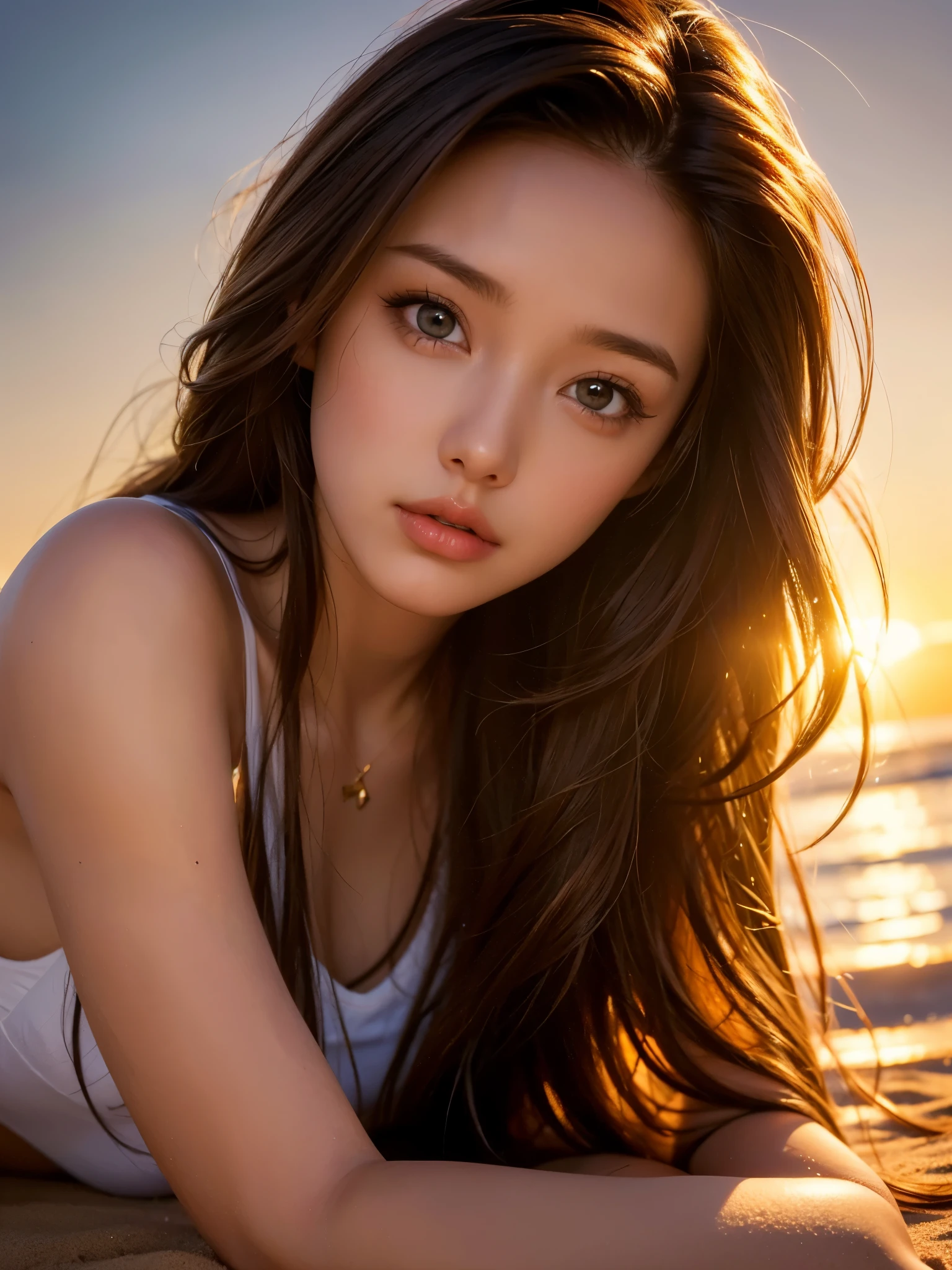 a young woman lying on a beach at sunset, detailed face, beautiful eyes, long hair flowing, golden hour lighting, soft warm colors, cinematic, highly detailed, 8k, photorealistic, masterpiece