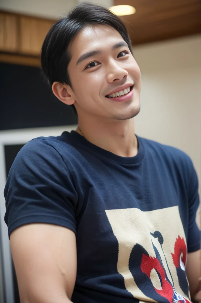 ((Highest quality, 8K, Masterpiece: 1.3))、Thailand Laos Burma Asia, Thai man, A handsome Asian rugby player with short hair, a muscular beard, and big muscles., 1A man who has、 yo、Good appearance、Beautiful nose、smile、 Detailed eyes and face、beautiful light、(studio)、high resolution、(Look at the viewer.)、Fine mouth、smile、whole body: 1.5, perfect shape: 1.3, Picture of both shoulders:1.3, Navy blue round neck t-shirt:1.5