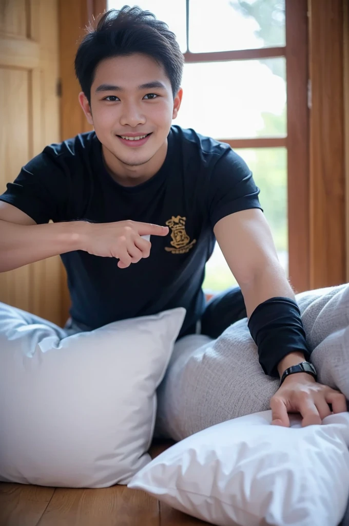 ((Highest quality, 8K, Masterpiece: 1.3))、Thailand Laos Burma Asia, Thai man, A handsome Asian rugby player with short hair, a muscular beard, and big muscles., 1A man who has、 yo、Good appearance、Beautiful nose、smile、 Detailed eyes and face、beautiful light、(studio)、high resolution、(Look at the viewer.)、Fine mouth、smile、whole body: 1.5, perfect shape: 1.3, Picture of both shoulders:1.3, Navy blue round neck t-shirt:1.5