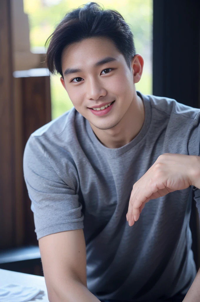 ((Highest quality, 8K, Masterpiece: 1.3))、Thailand Laos Burma Asia, Thai man, A handsome Asian rugby player with short hair, a muscular beard, and big muscles., １A man who has、 yo、Good appearance、Beautiful nose、smile、 Detailed eyes and face、beautiful light、(studio)、high resolution、（Look at the viewer.）、Fine mouth、smile、whole body: 1.5, perfect shape: 1.3, Picture of both shoulders:1.3, Navy blue round neck t-shirt:1.5