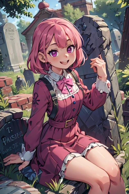 perfect face, perfect hands. A pink haired girl with violet eyes in a Gothic dress is sitting on a tombstone with a big smile 