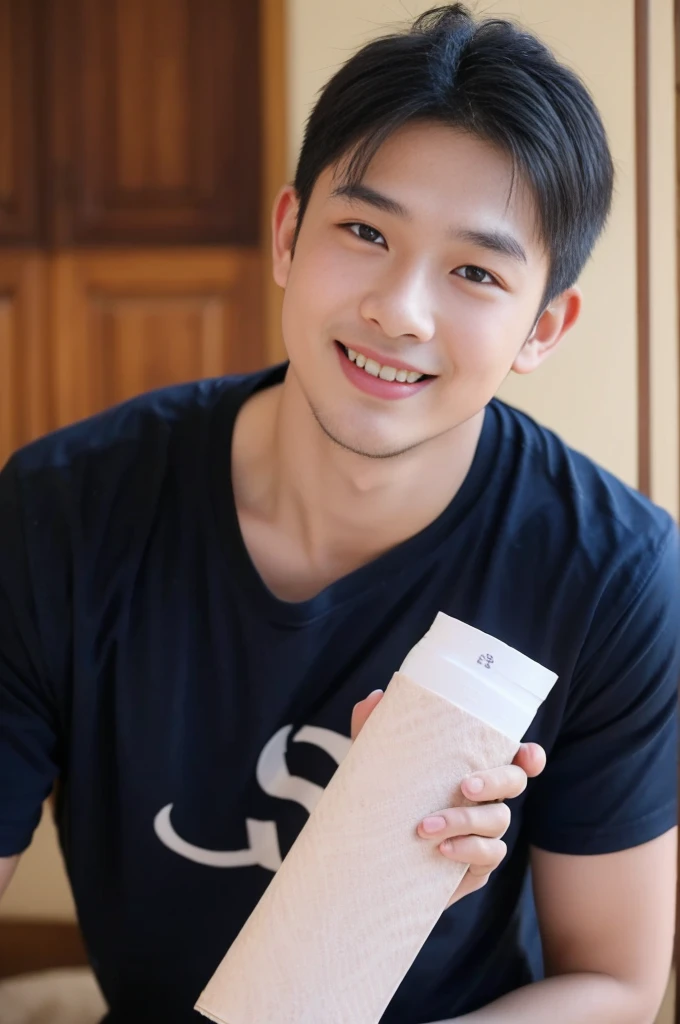 ((Highest quality, 8K, Masterpiece: 1.3))、Thailand Laos Burma Asia, Thai man, A handsome Asian rugby player with short hair, a muscular beard, and big muscles., １A man who has、 yo、Good appearance、Beautiful nose、smile、 Detailed eyes and face、beautiful light、(studio)、high resolution、（Look at the viewer.）、Fine mouth、smile、whole body: 1.5, perfect shape: 1.3, Picture of both shoulders:1.3, Navy blue round neck t-shirt:1.5