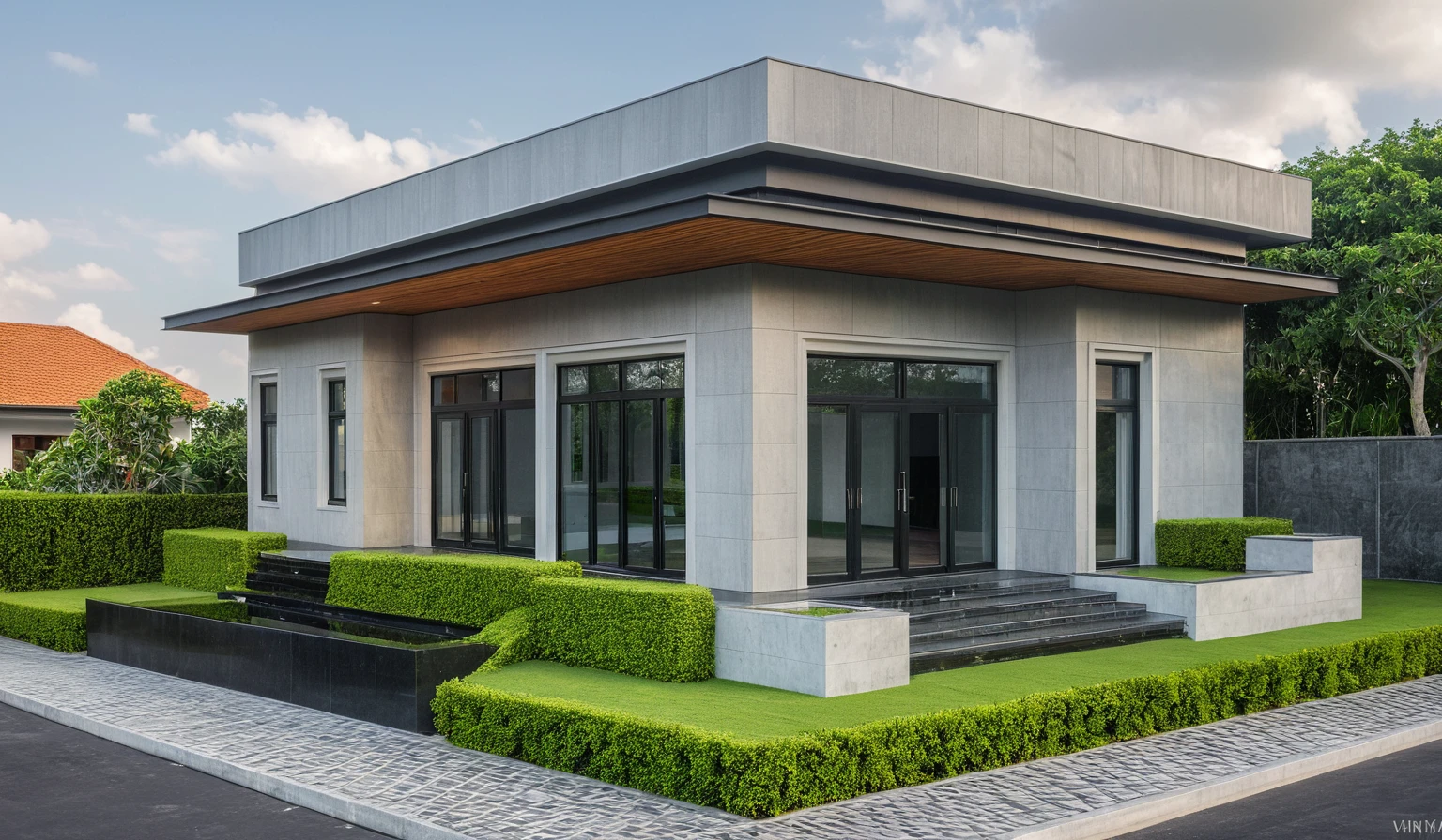 modern villa on street, (daylight), tropical tree, (slope roof, black tiled roof:1.2), vivid color, streetcapes, nice sky, grey tone, large glass door, warm interior lighting, modern material, best quality, ultra realistic, masterpiece, 17ArchiAI_XL_VL-v1
