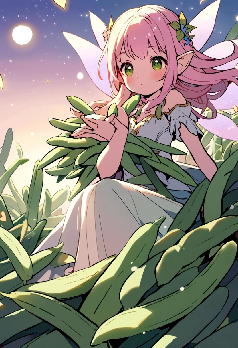 a  fairy flying over a pile of Green Beans, holding one Green Beansr on her hand