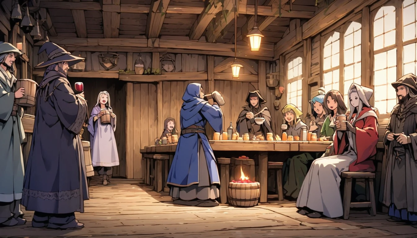 8K, high quality, The theme is medieval magic RPG. The settings view is、The whole izakaya and the people there々It is photographed from a distance to show, The setting is an old wooden tavern, the largest in the Middle Ages.、Inspired by magical RPG、Painted in great detail, The furniture is antique, The walls are made of wood、There are candles to light up the view、There are also some windows, The floor is wooden., There are a lot of people (maleと女, wearing costumes of Wizard knight pirate thief monk cleric and other magical role-playing classes, Appear on the scene, Woman in short dress) They are sitting on chairs at tables around the site drinking. (Beer and red wine mugs) and laugh, There are a lot of people (over 10 maleと女, wearing costumes of Wizard knight pirate thief monk cleric and other magical role-playing classes, Enter the scene, Woman in short dress) drinking beer and laugh and partying together with a man (focus of the scene, male, Wizard, 31 years old, Muscular, no hair, long, pointed Wizard's hat , wearing magical role-playing Wizard clothes, long黒ひげ, Freckled white skin, Handsome smiling face, In his left hand he holds a 3 liter mug of red wine, whole body vision). The atmosphere at the scene is one of joy, celebration and festivity..