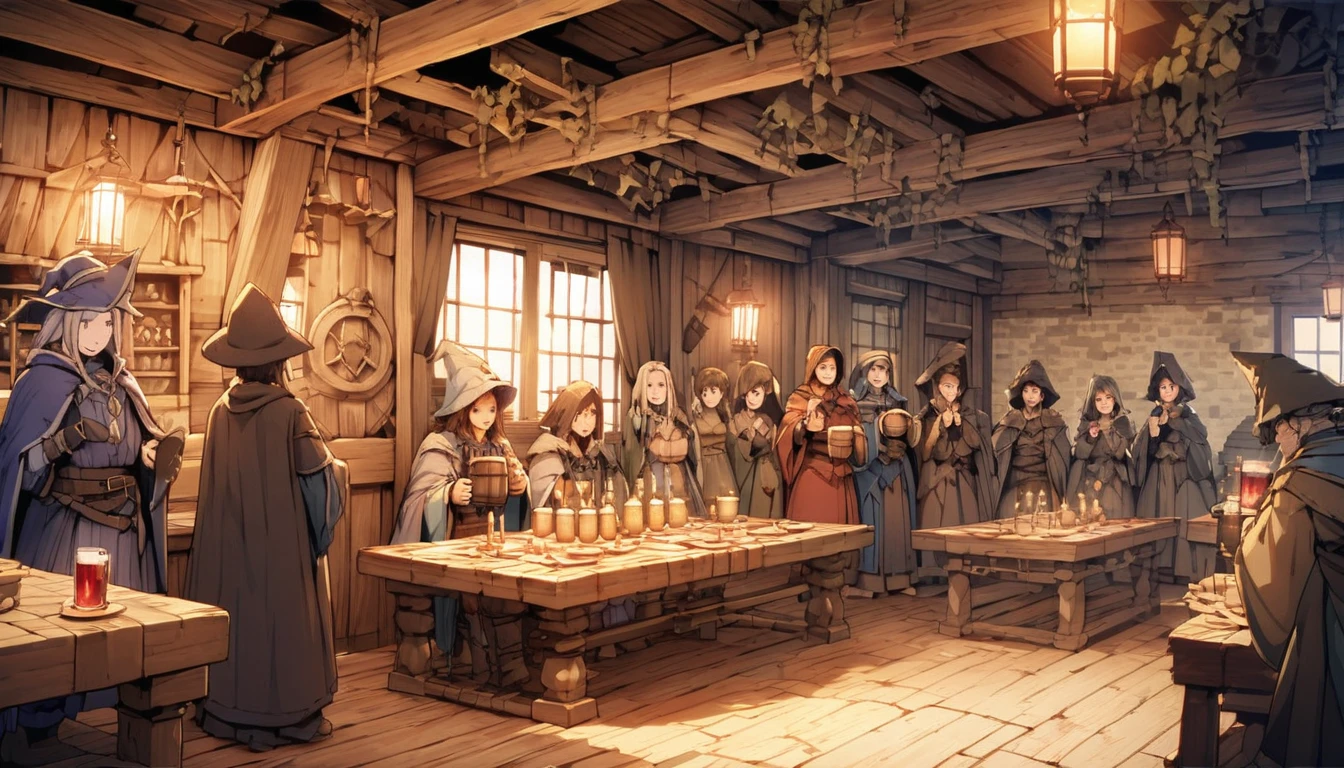 8K, high quality, The theme is medieval magic RPG. The settings view is、The whole izakaya and the people there々It is photographed from a distance to show, The setting is an old wooden tavern, the largest in the Middle Ages.、Inspired by magical RPG、Painted in great detail, The furniture is antique, The walls are made of wood、There are candles to light up the view、There are also some windows, The floor is wooden., There are a lot of people (maleと女, wearing costumes of Wizard knight pirate thief monk cleric and other magical role-playing classes, Appear on the scene, Woman in short dress) They are sitting on chairs at tables around the site drinking. (Beer and red wine mugs) and laugh, There are a lot of people (over 10 maleと女, wearing costumes of Wizard knight pirate thief monk cleric and other magical role-playing classes, Enter the scene, Woman in short dress) drinking beer and laugh and partying together with a man (focus of the scene, male, Wizard, 31 years old, Muscular, no hair, long, pointed Wizard's hat , wearing magical role-playing Wizard clothes, long黒ひげ, Freckled white skin, Handsome smiling face, In his left hand he holds a 3 liter mug of red wine, whole body vision). The atmosphere at the scene is one of joy, celebration and festivity..