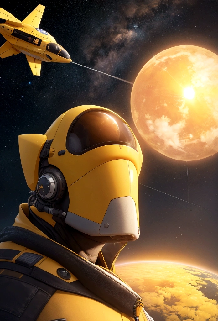 a spaceship fly on a yellow sky with cloud and a another earth with a men who watch the sky