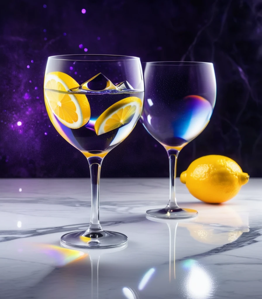 surreal glass shape, liquid glass, chromatic aberration, broken prism, refraction, light caustics, detailed illustration , oranges on a white marble table, deep purple velvet drapes, 8k, photography style,2 glasses with orange bioluminescent fluid in them, on a white marble table, bioluminescent, colorfull, glow, with a slice of lemon in it, it has lemon skin texture, with lemon skin texture, lemon, ice, wearing a lemon, one ice cube, lemonlight