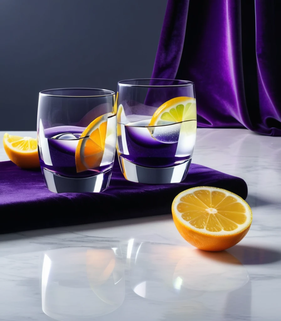 surreal glass shape, liquid glass, chromatic aberration, broken prism, refraction, light caustics, detailed illustration , oranges on a white marble table, deep purple velvet drapes, 8k, photography style,2 glasses with orange bioluminescent fluid in them, on a white marble table, bioluminescent, colorfull, glow, with a slice of lemon in it, it has lemon skin texture, with lemon skin texture, lemon, ice, wearing a lemon, one ice cube, lemonlight