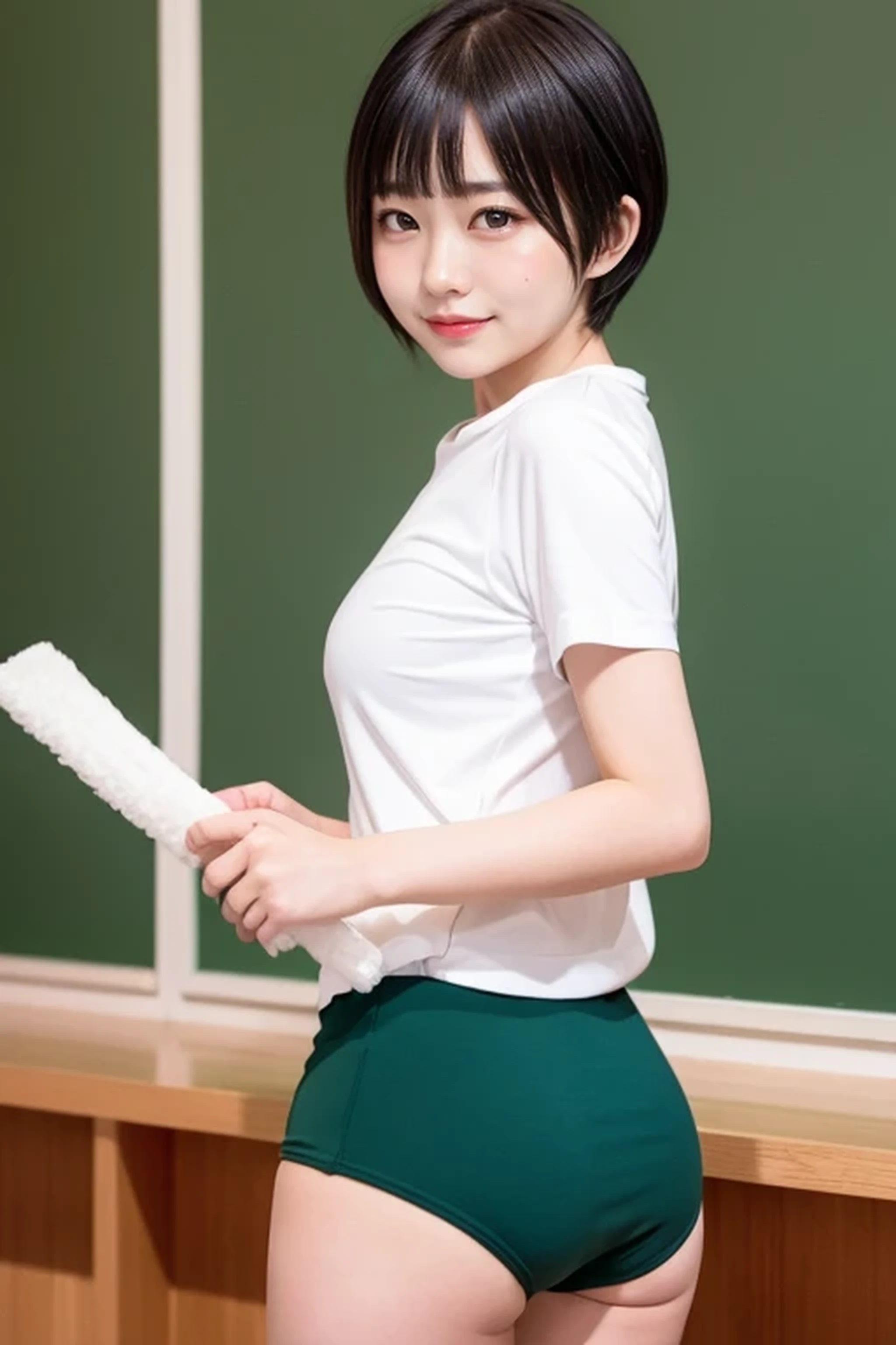 one girl, , 8K, RAW photo, best quality, masterpiece, realistic, photo-realistic, clear, professional lighting, BREAK, no makeup face, smile, shirt, solo, gym uniform, Green Bloomers, buruma, white shirt, (short cut hair:1.2), (looking back:1.2), black eyes, black hair, full body, (classroom:1.2)