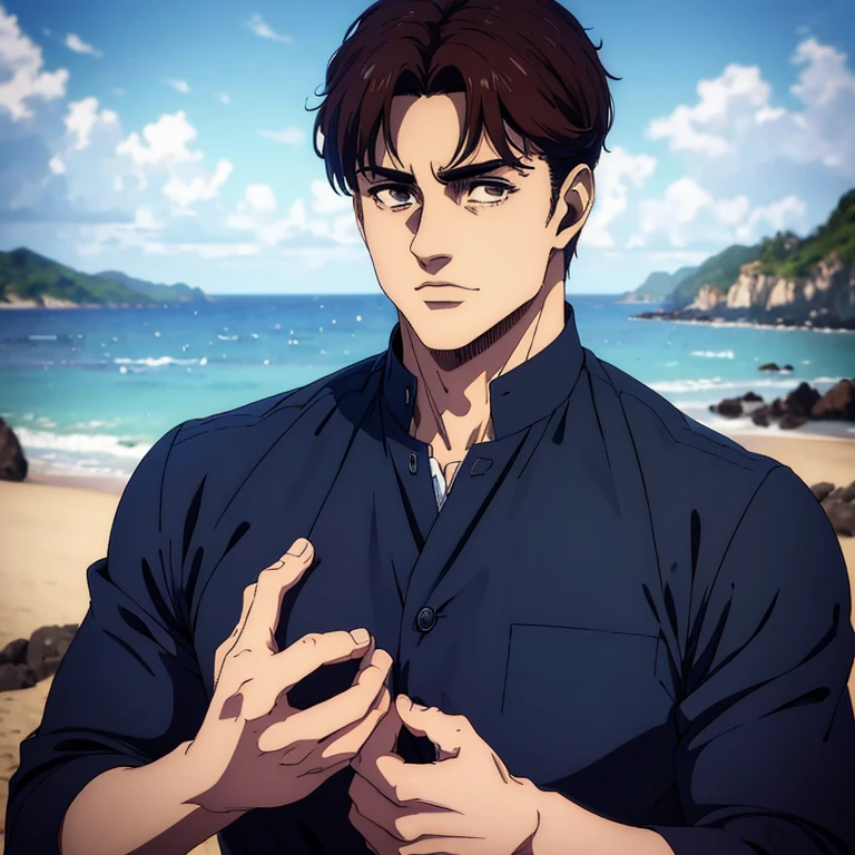 best quality,4k,8k,highres,masterpiece:1.2),ultra-detailed,(realistic,photorealistic,photo-realistic:1.37), a man with broad shoulders, mappa art style,  heart-shaped face with sharp jawline,   brown almond-shaped eyes with positive canthal tilt , his hair are short french crop ,  his hair color is dark brown,  he looks handsome, he is fair, he is wearing  navy blue full sleeve shirt , vibrant color