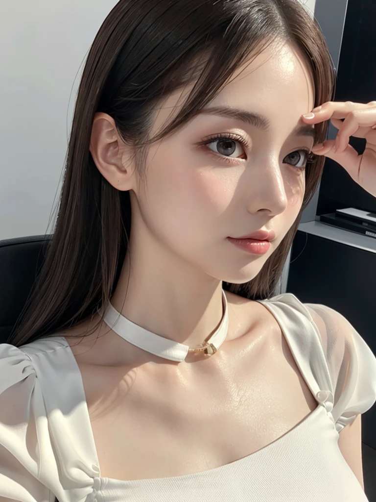 elegant office lady in a revealing white blouse, beautiful detailed eyes, beautiful detailed lips, extremely detailed eyes and face, long eyelashes, slender body, thin face, delicate features, flawless porcelain skin, glistening sweat, ultra-thin hands, ultra-fine fingers, best ratio four finger and one thumb, realistic, see-through white blouse, office setting, one-person viewpoint, Fuji Film, F/1.2, 8K, masterpiece, nffsw, super detail, high quality, best quality, high resolution, looking up at the camera