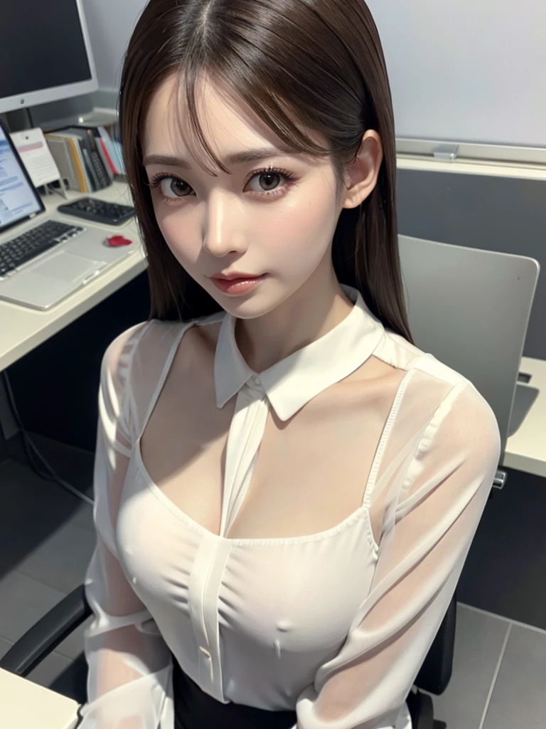 elegant office lady in a revealing white blouse, beautiful detailed eyes, beautiful detailed lips, extremely detailed eyes and face, long eyelashes, slender body, thin face, delicate features, flawless porcelain skin, glistening sweat, ultra-thin hands, ultra-fine fingers, best ratio four finger and one thumb, realistic, see-through white blouse, office setting, one-person viewpoint, Fuji Film, F/1.2, 8K, masterpiece, nffsw, super detail, high quality, best quality, high resolution, looking up at the camera
