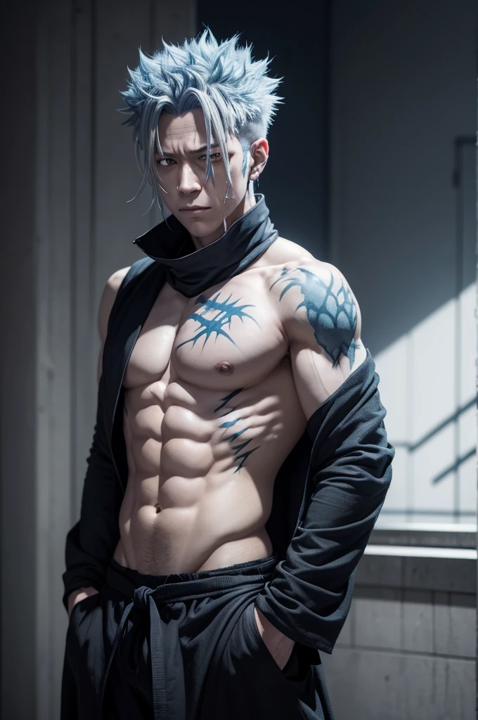 Create a male character in the art of jujutsu kaisen, he has completely gray skin, has blue hair and scars similar to Mahito and he also has four arms, do it jujutsu kaisen style