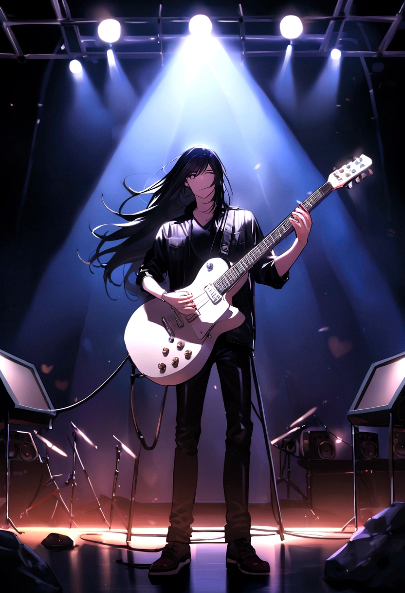 rock band. White Guitarist, tipis, Very long black hair, In love with his black and white electric guitar. Playing on a professional stage with lights, haze, Screens and pyrotechnics. super realistico , professional lighting,