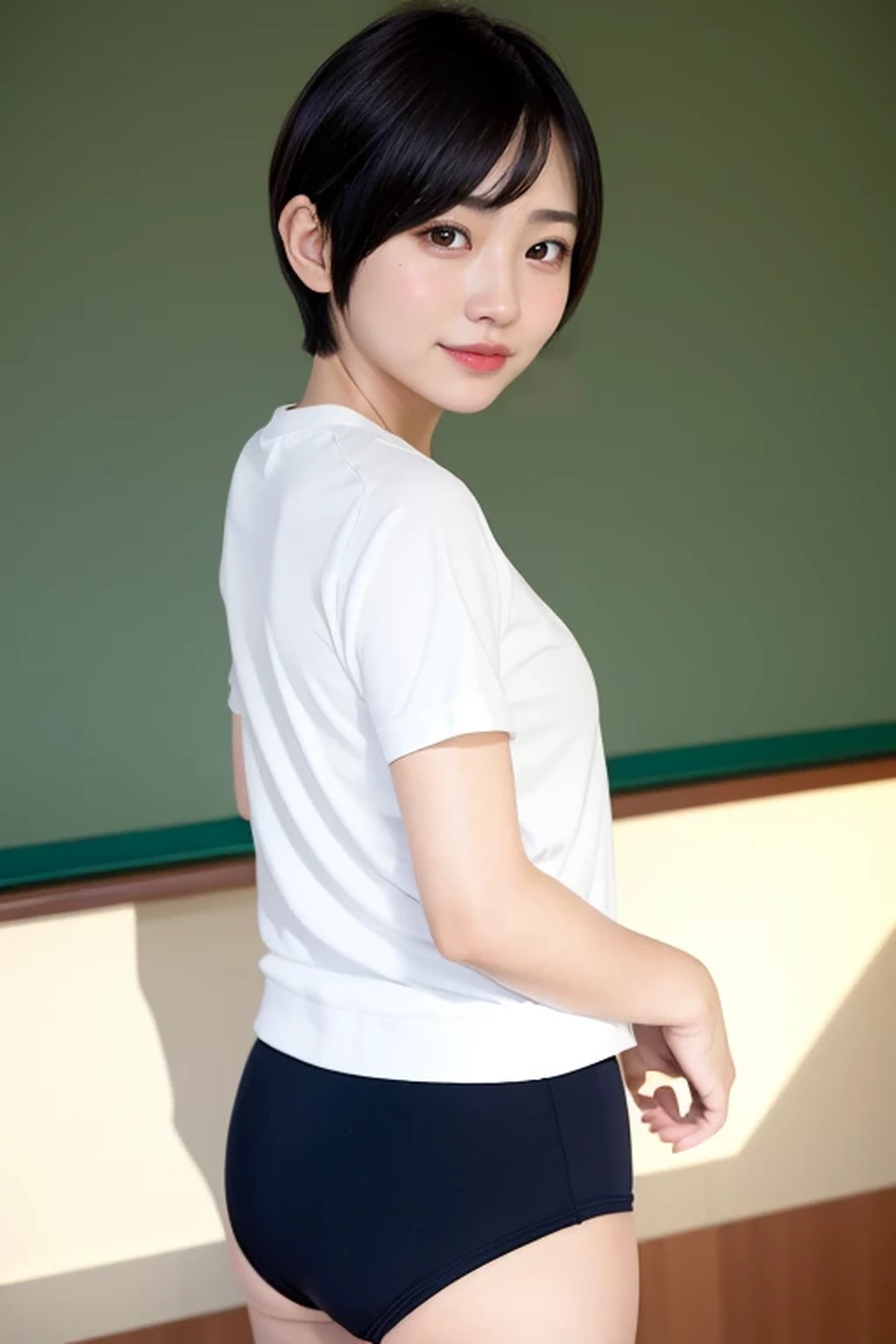 one girl, , 8K, RAW photo, best quality, masterpiece, realistic, photo-realistic, clear, professional lighting, BREAK, no makeup face, smile, shirt, solo, gym uniform, Green Bloomers, buruma, white shirt, (short cut hair:1.2), (looking back:1.2), black eyes, black hair, full body, (classroom:1.2)